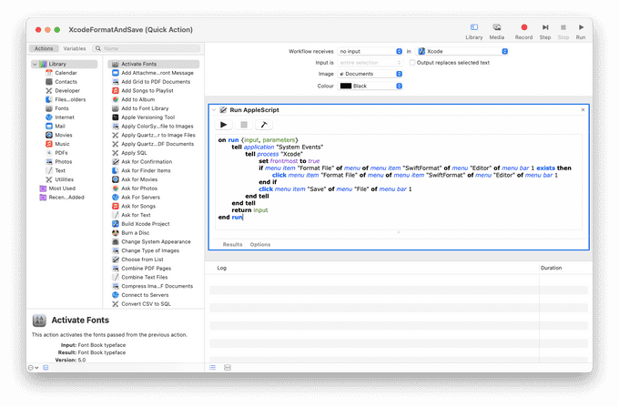 Add a Run AppleScript action